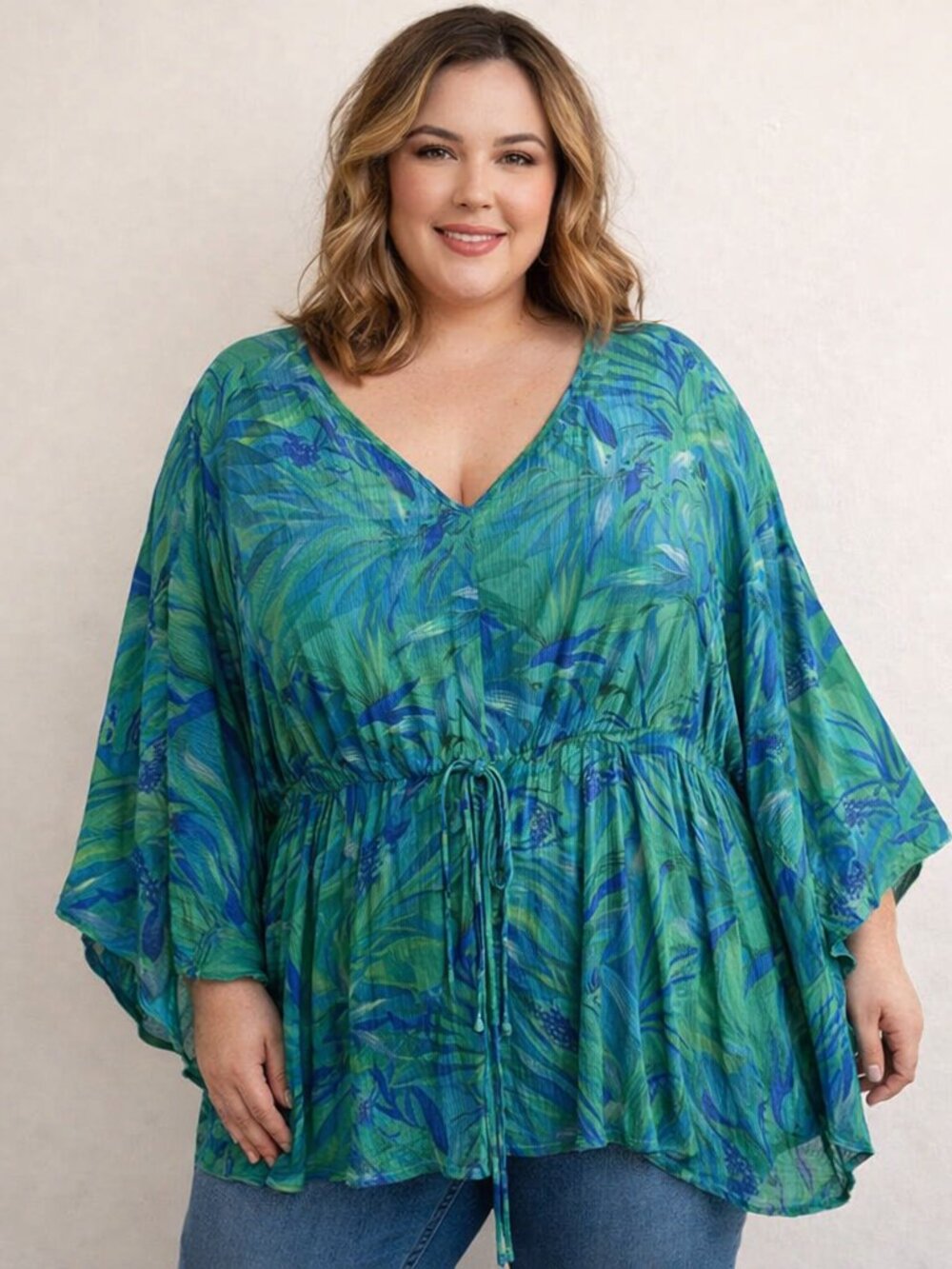 Ulla Popken Drawstring Waist Kimono Top Womens 32/34 5X Green Botanic Tropical